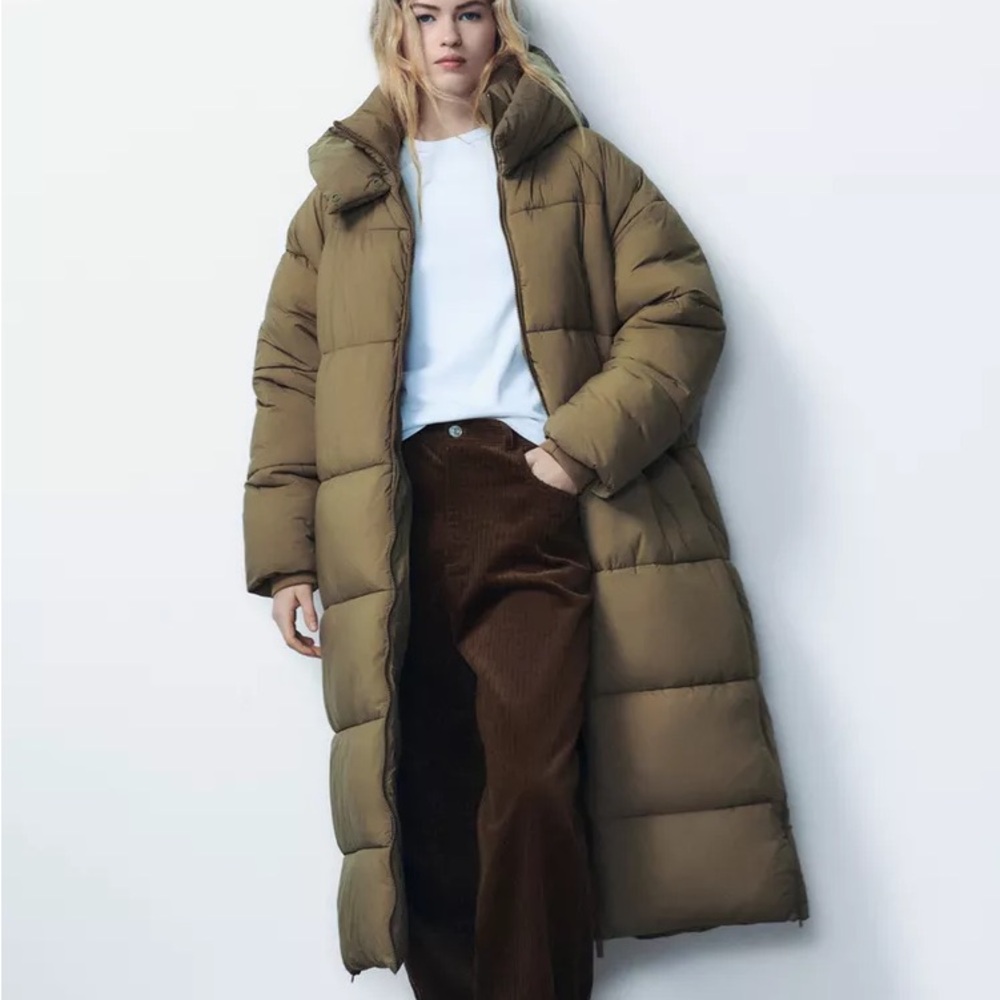Zara Oversized Long Puffer Coat in Olive